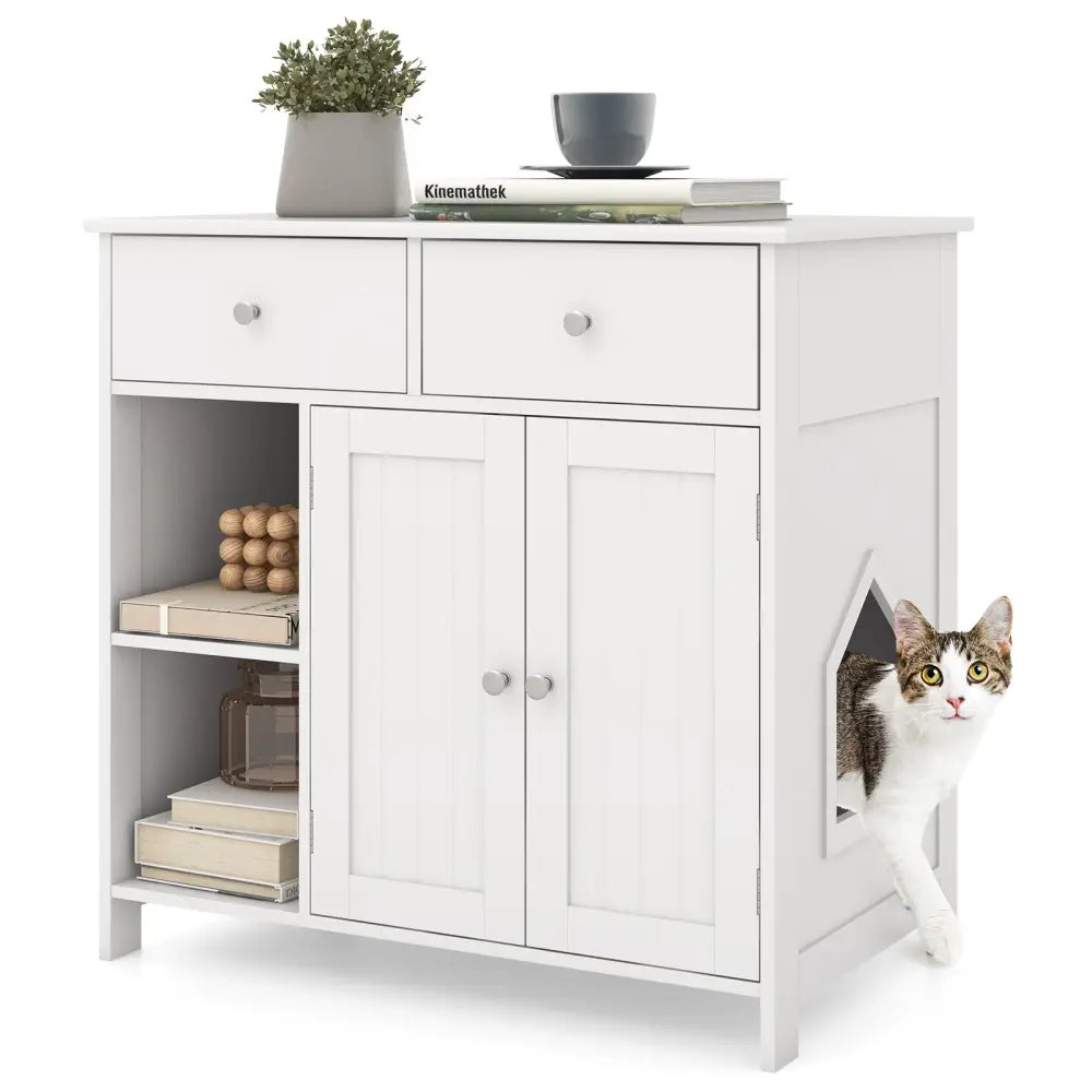 Hidden Cat Washroom Side Cabinet Wooden Pet House with 2 Drawers-White - White - Cat Houses