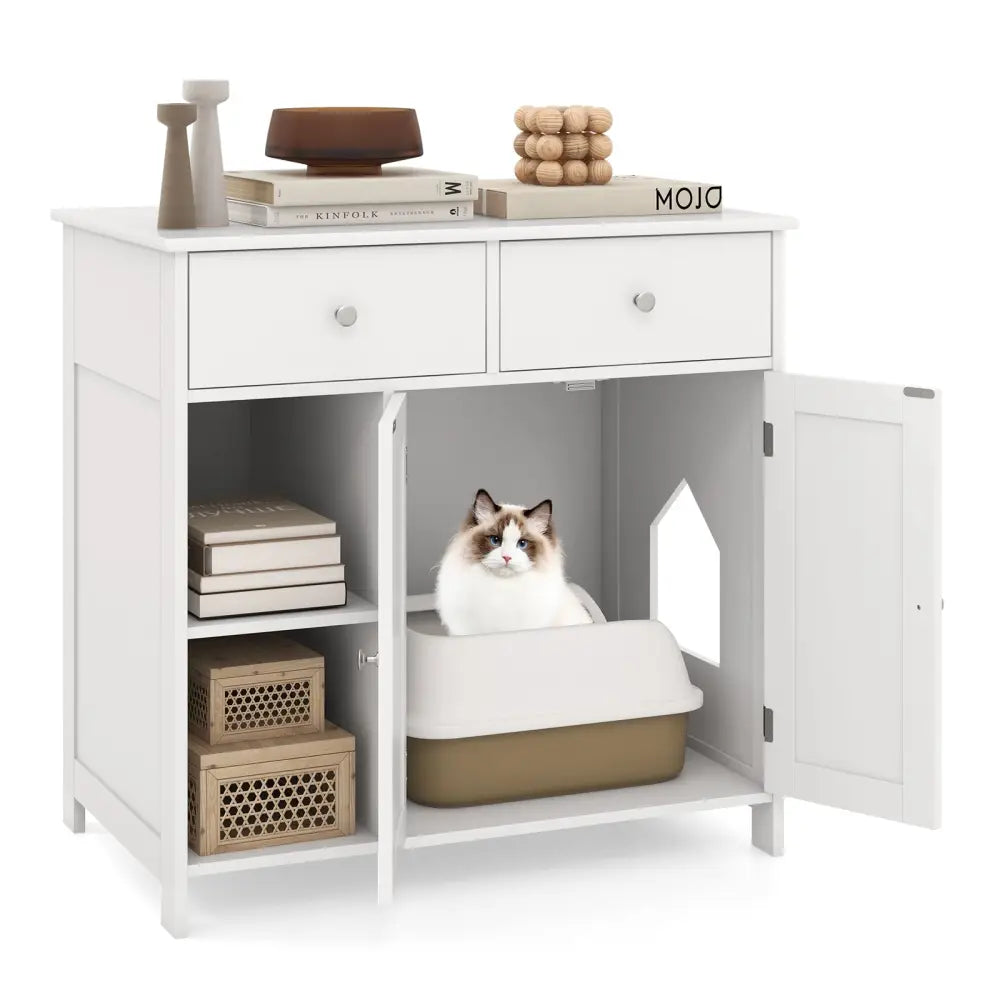 Hidden Cat Washroom Side Cabinet Wooden Pet House with 2 Drawers-White - White - Cat Houses