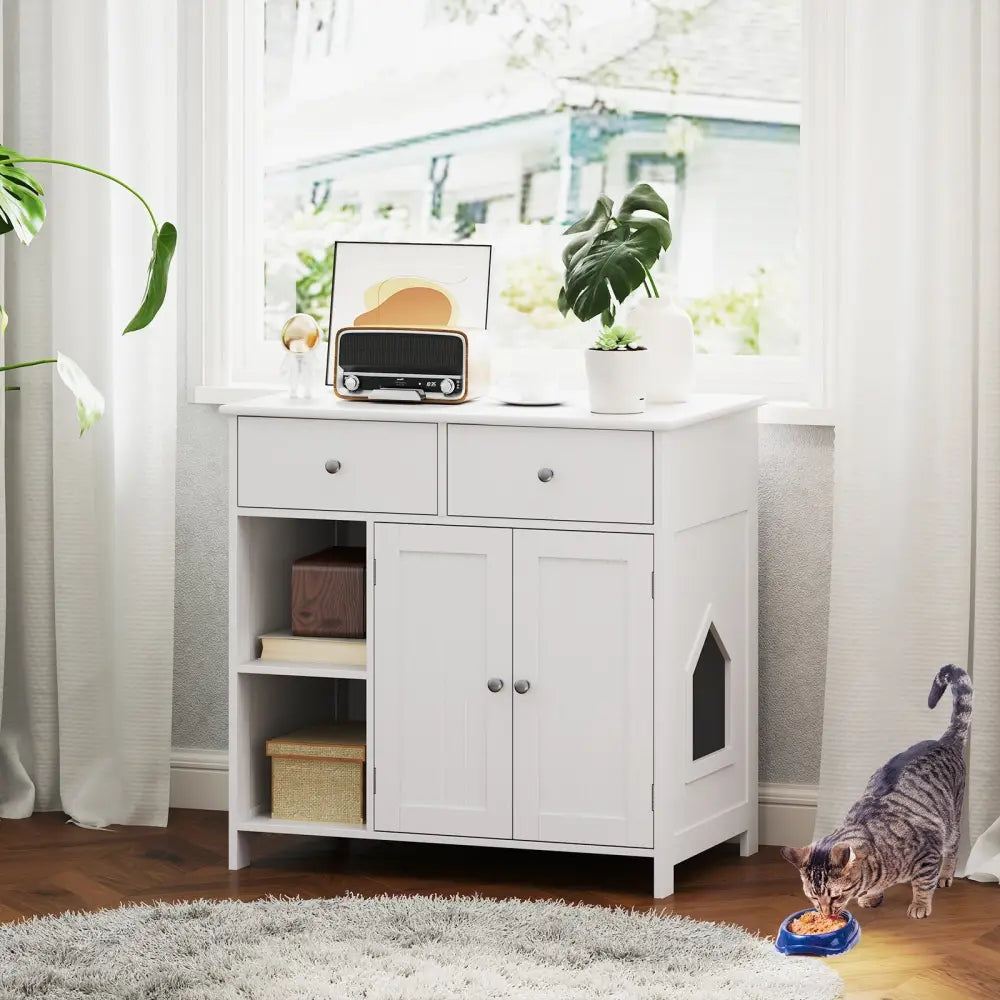 Hidden Cat Washroom Side Cabinet Wooden Pet House with 2 Drawers-White - White - Cat Houses