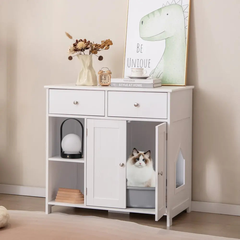 Hidden Cat Washroom Side Cabinet Wooden Pet House with 2 Drawers-White - White - Cat Houses