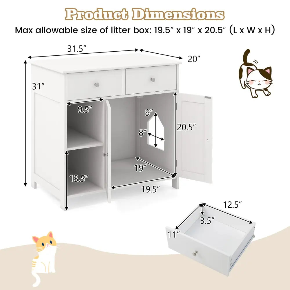 Hidden Cat Washroom Side Cabinet Wooden Pet House with 2 Drawers-White - White - Cat Houses