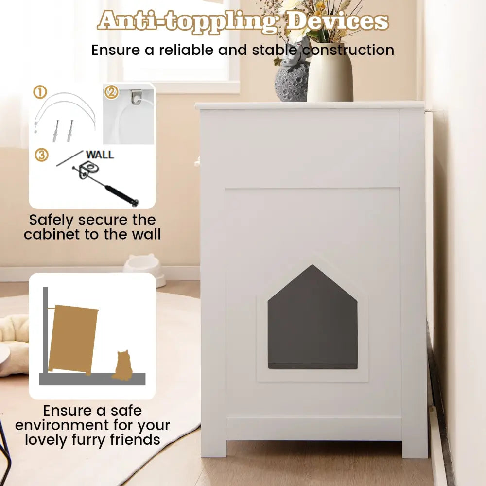 Hidden Cat Washroom Side Cabinet Wooden Pet House with 2 Drawers-White - White - Cat Houses
