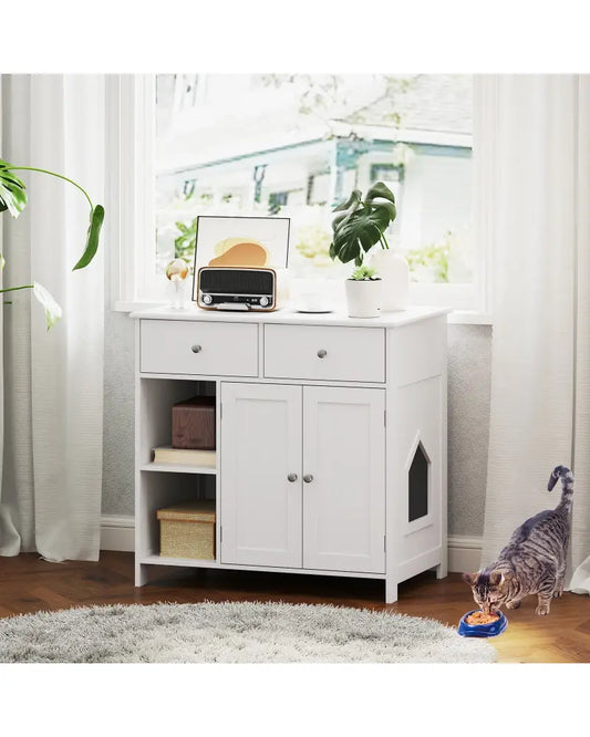 Hidden Cat Washroom Side Cabinet Wooden Pet House with 2 Drawers-White - White - Cat Houses