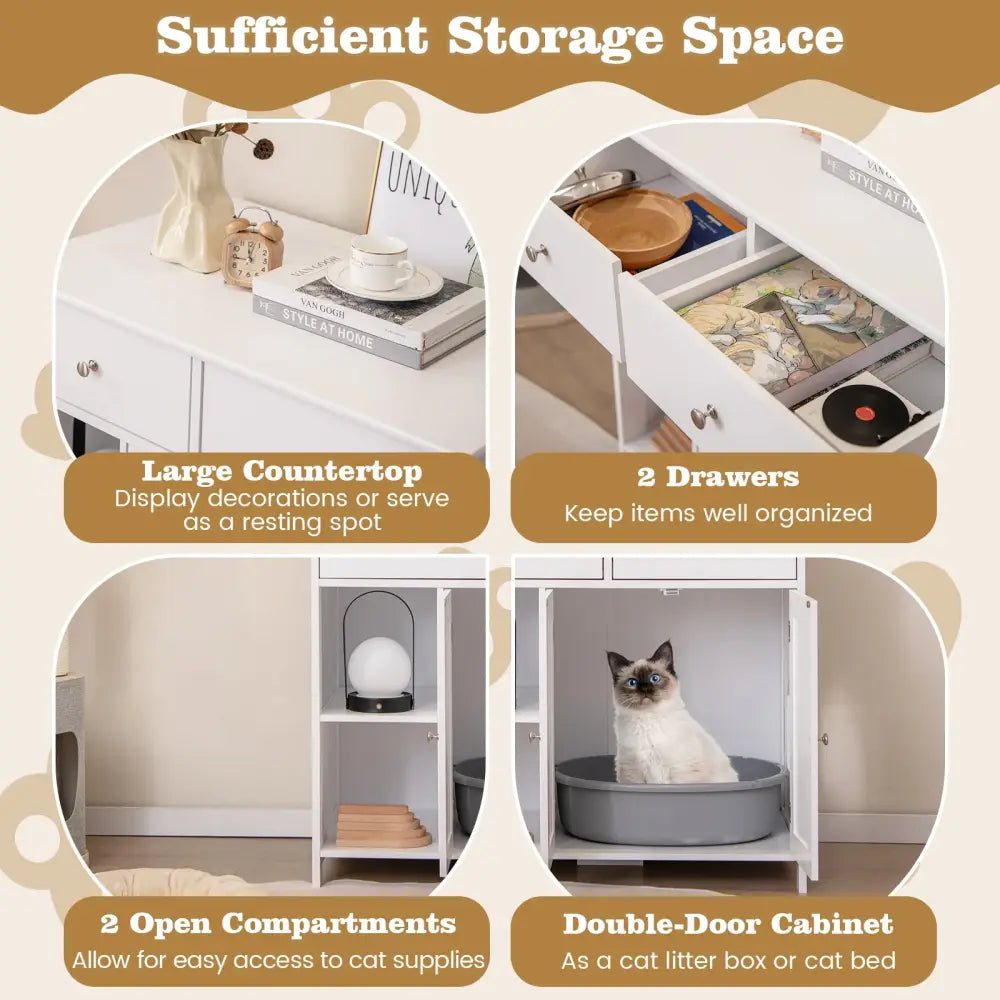 Hidden Cat Washroom Side Cabinet Wooden Pet House with 2 Drawers-White - White - Cat Houses