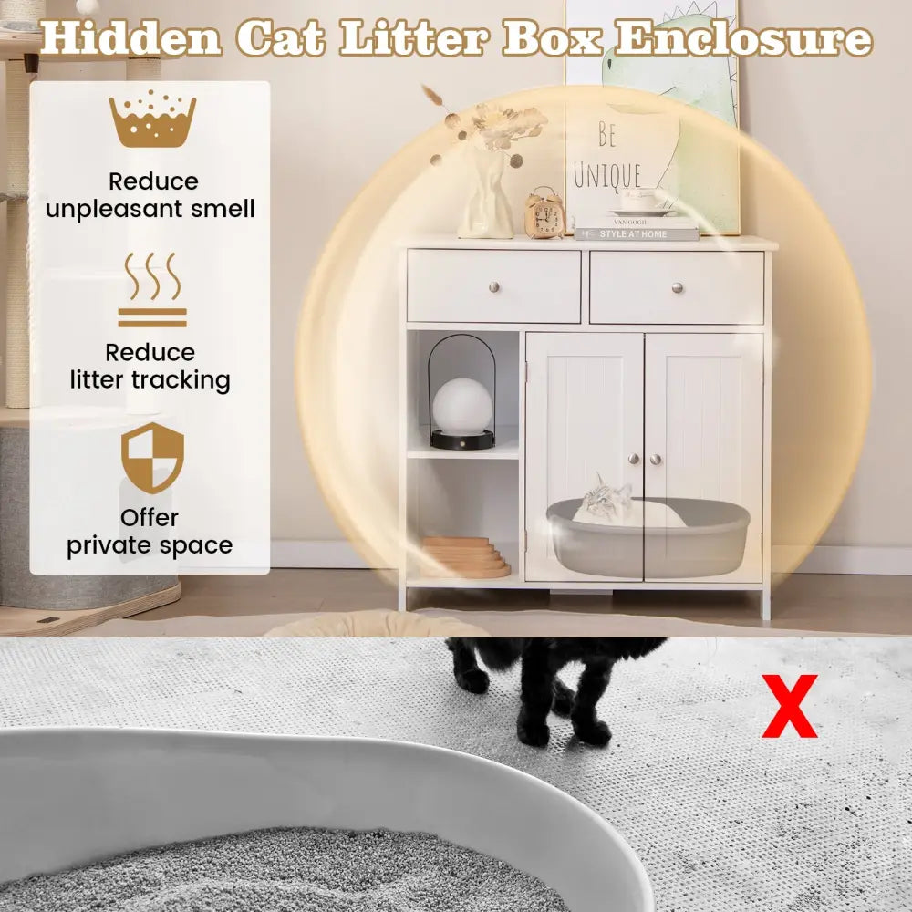 Hidden Cat Washroom Side Cabinet Wooden Pet House with 2 Drawers-White - White - Cat Houses