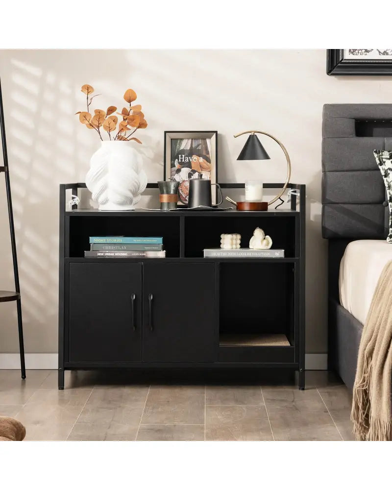 Hidden Cat Washroom with Double Doors and Scratch Cardboard-Black - Black - Cat Houses