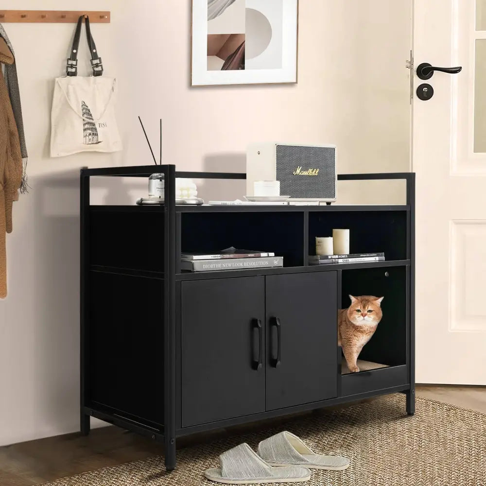 Hidden Cat Washroom with Double Doors and Scratch Cardboard-Black - Black - Cat Houses
