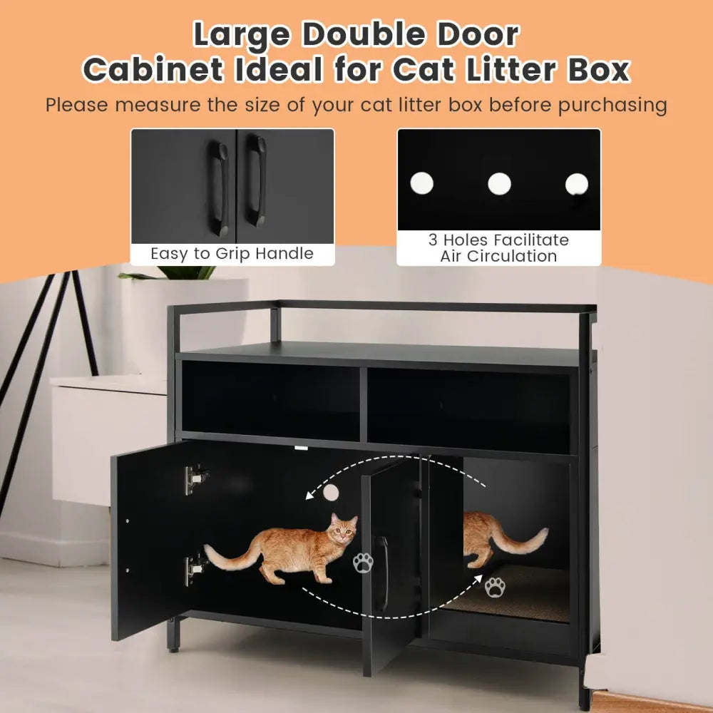 Hidden Cat Washroom with Double Doors and Scratch Cardboard-Black - Black - Cat Houses