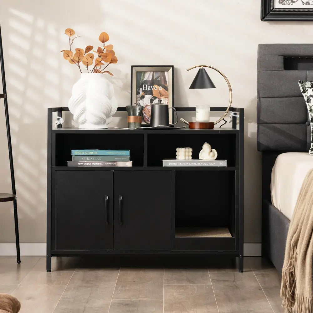 Hidden Cat Washroom with Double Doors and Scratch Cardboard-Black - Black - Cat Houses