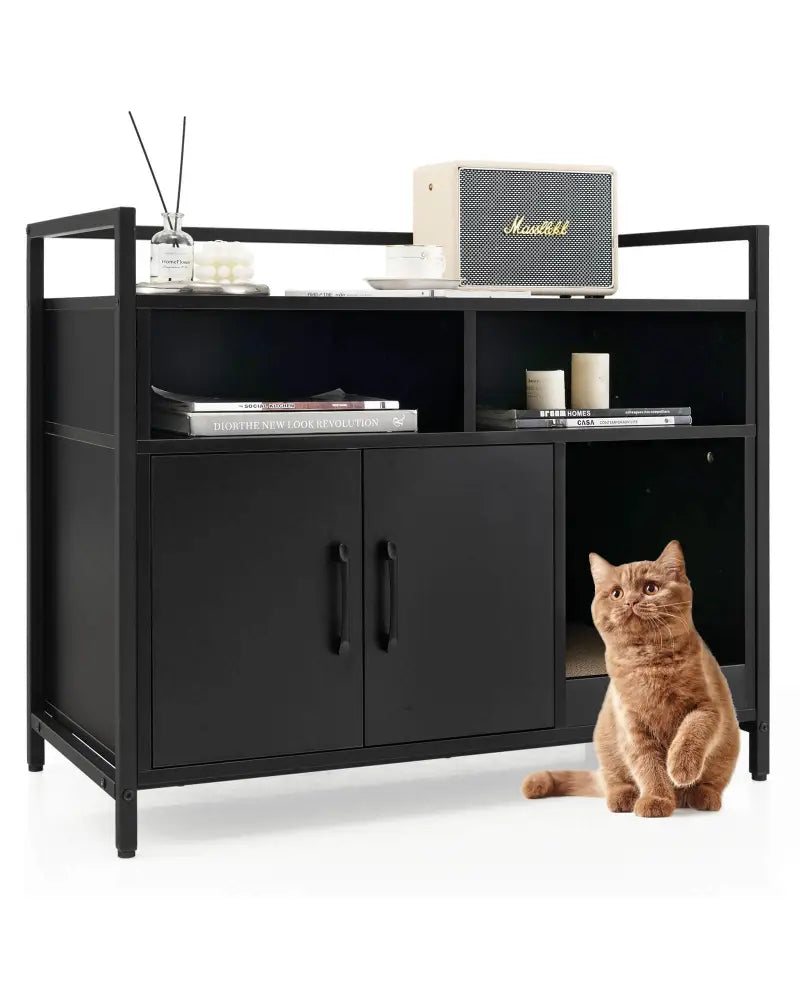 Hidden Cat Washroom with Double Doors and Scratch Cardboard-Black - Black - Cat Houses