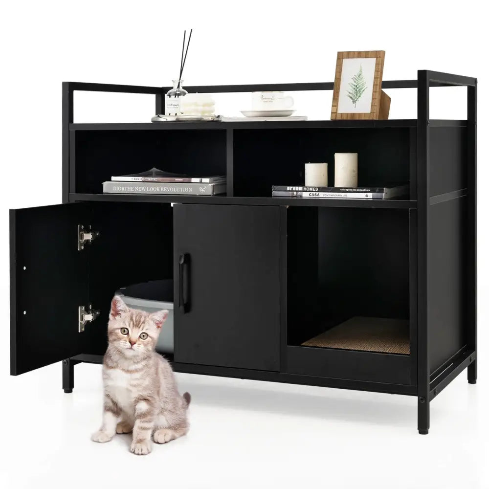 Hidden Cat Washroom with Double Doors and Scratch Cardboard-Black - Black - Cat Houses