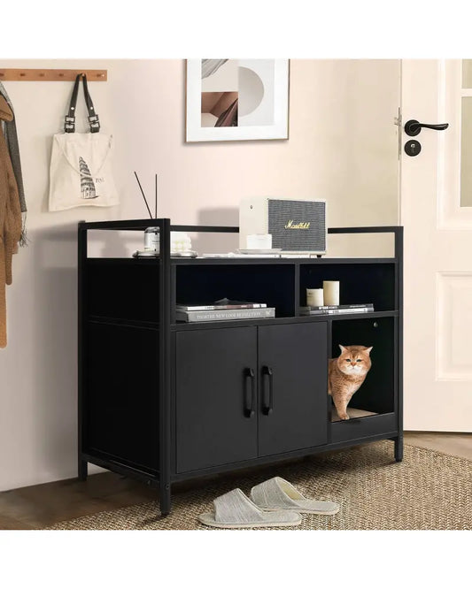 Hidden Cat Washroom with Double Doors and Scratch Cardboard-Black - Black - Cat Houses