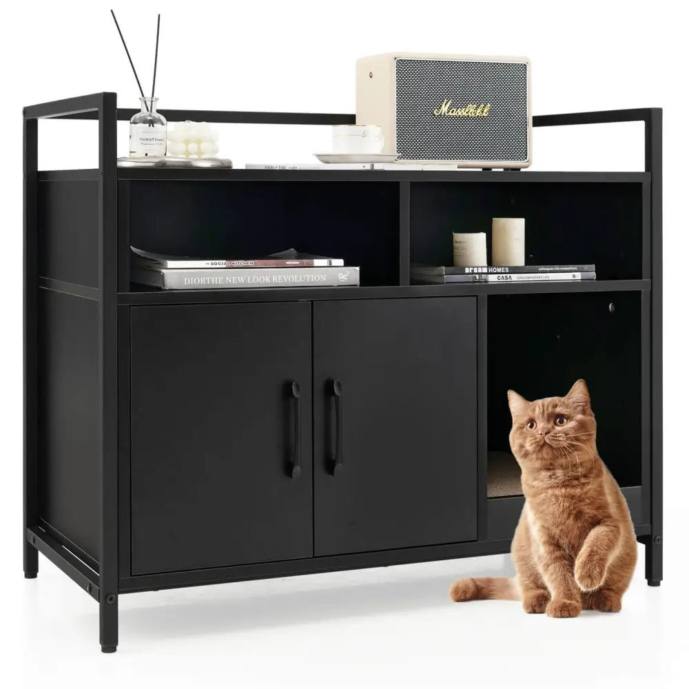 Hidden Cat Washroom with Double Doors and Scratch Cardboard-Black - Black - Cat Houses
