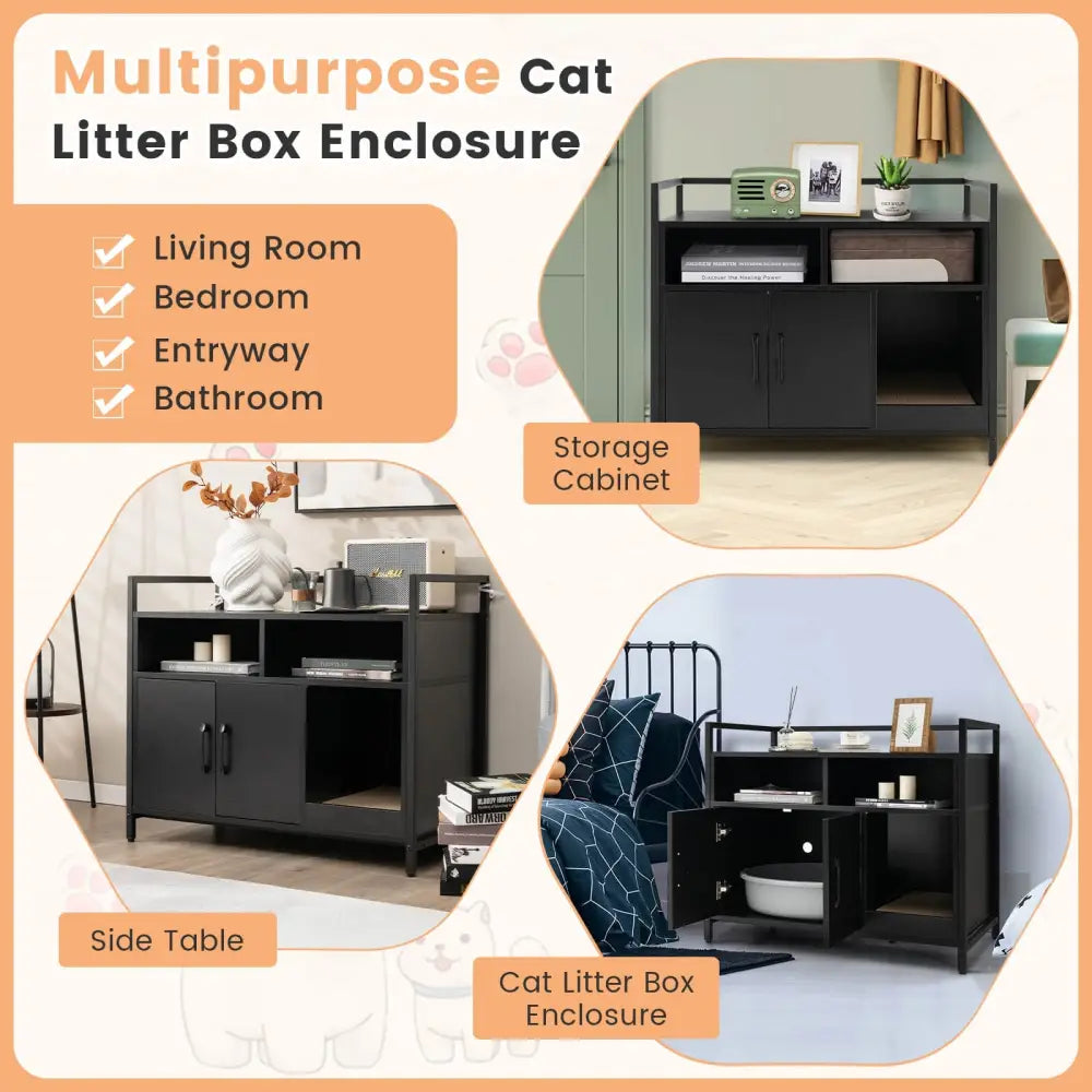 Hidden Cat Washroom with Double Doors and Scratch Cardboard-Black - Black - Cat Houses