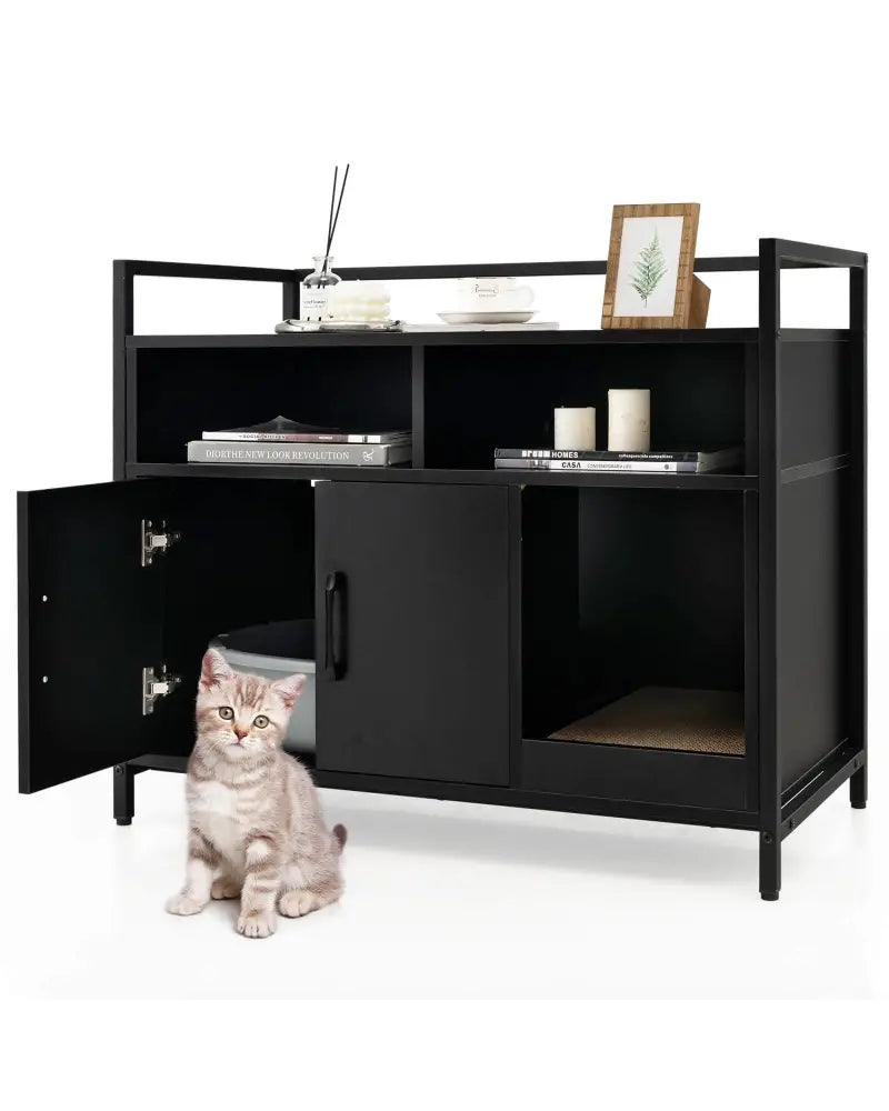 Hidden Cat Washroom with Double Doors and Scratch Cardboard-Black - Black - Cat Houses
