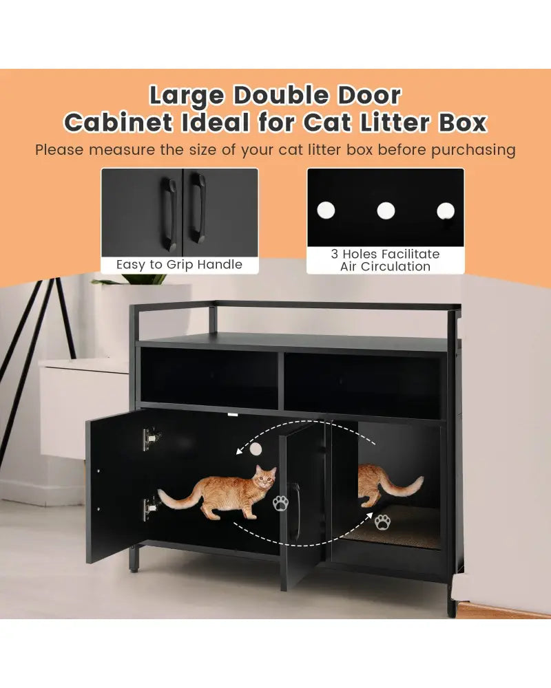 Hidden Cat Washroom with Double Doors and Scratch Cardboard-Black - Black - Cat Houses