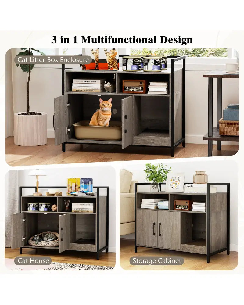 Hidden Cat Washroom with Double Doors and Scratch Cardboard-Oak - Oak - Cat Houses