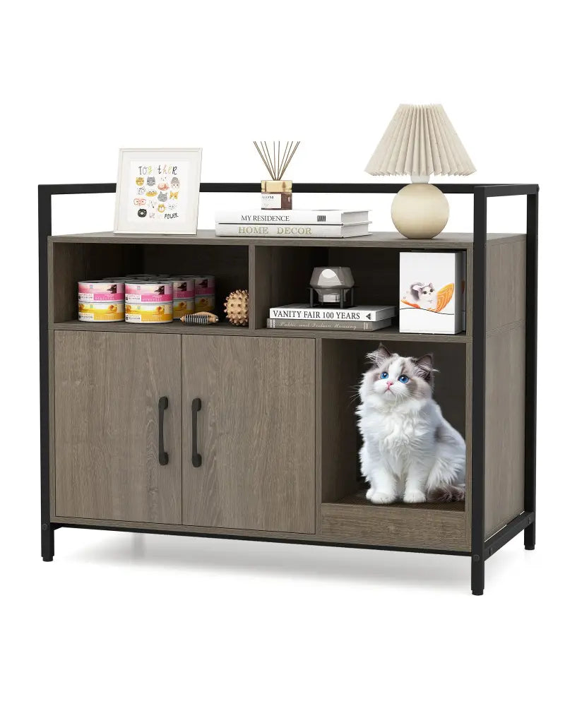 Hidden Cat Washroom with Double Doors and Scratch Cardboard-Oak - Oak - Cat Houses