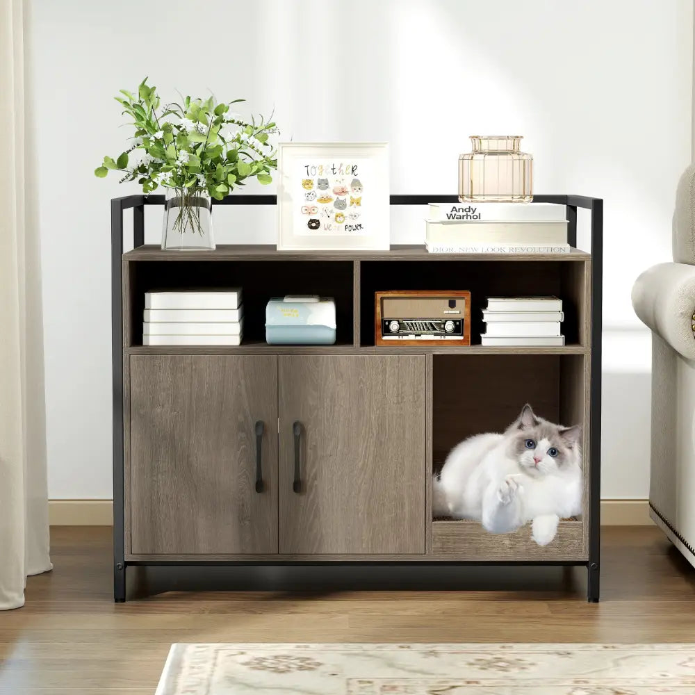 Hidden Cat Washroom with Double Doors and Scratch Cardboard-Oak - Oak - Cat Houses