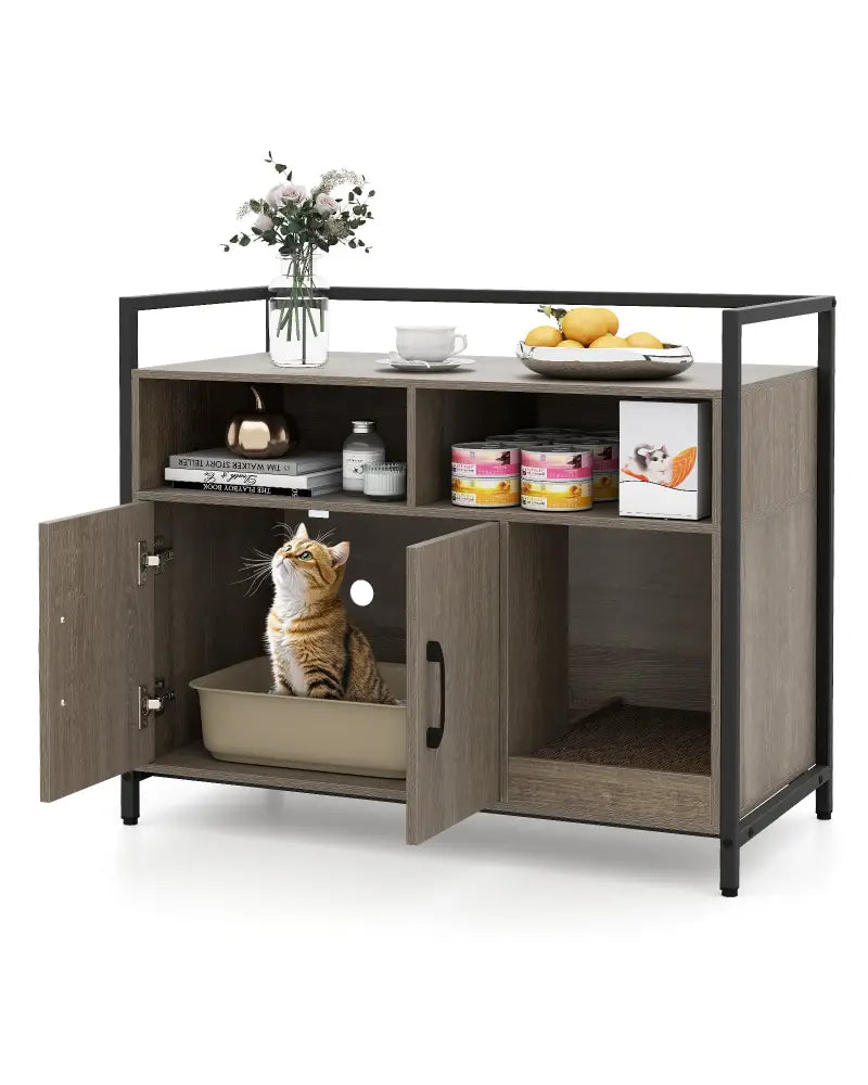 Hidden Cat Washroom with Double Doors and Scratch Cardboard-Oak - Oak - Cat Houses