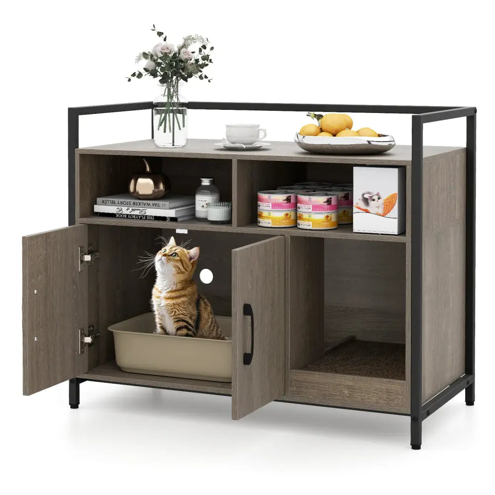 Hidden Cat Washroom with Double Doors and Scratch Cardboard-Oak - Oak - Cat Houses