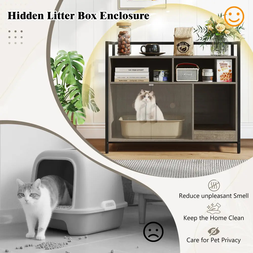 Hidden Cat Washroom with Double Doors and Scratch Cardboard-Oak - Oak - Cat Houses
