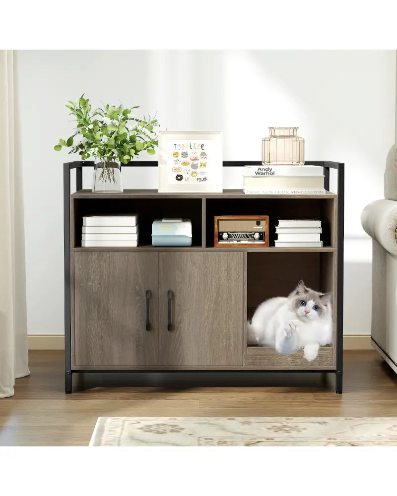 Hidden Cat Washroom with Double Doors and Scratch Cardboard-Oak - Oak - Cat Houses