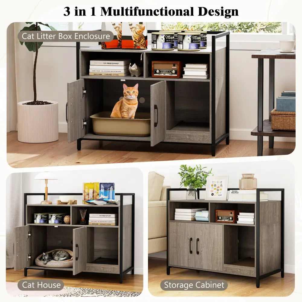 Hidden Cat Washroom with Double Doors and Scratch Cardboard-Oak - Oak - Cat Houses