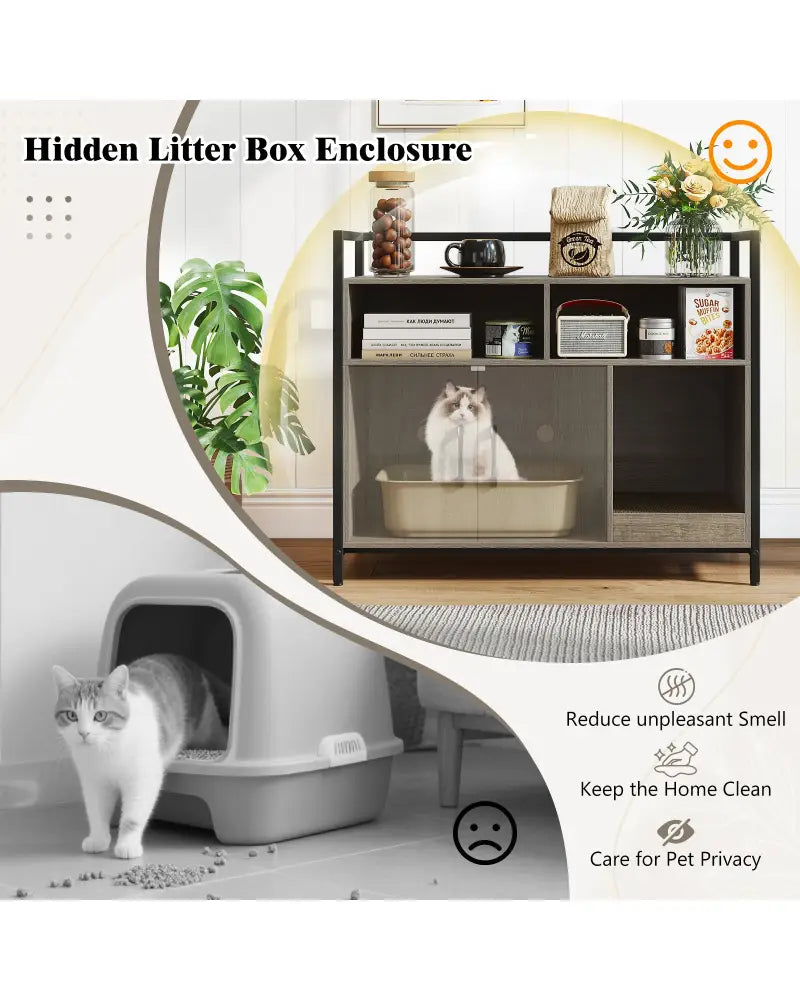 Hidden Cat Washroom with Double Doors and Scratch Cardboard-Oak - Oak - Cat Houses