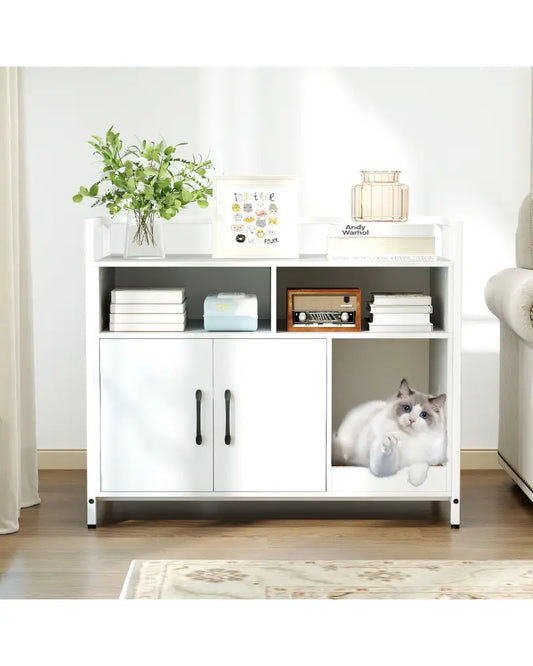 Hidden Cat Washroom with Double Doors and Scratch Cardboard-Off White - Off White - Cat Houses