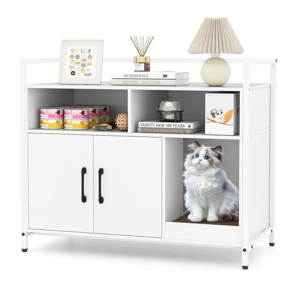 Hidden Cat Washroom with Double Doors and Scratch Cardboard-Off White - Off White - Cat Houses