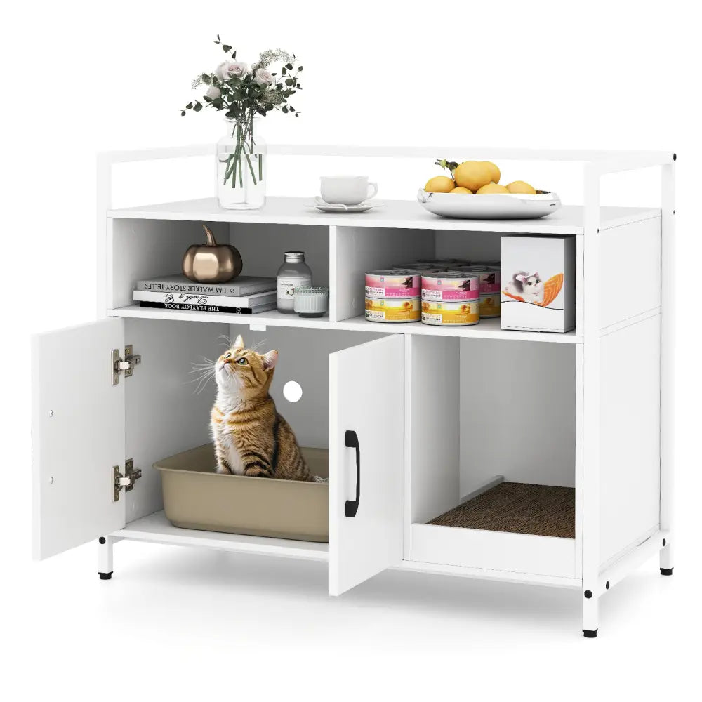 Hidden Cat Washroom with Double Doors and Scratch Cardboard-Off White - Off White - Cat Houses