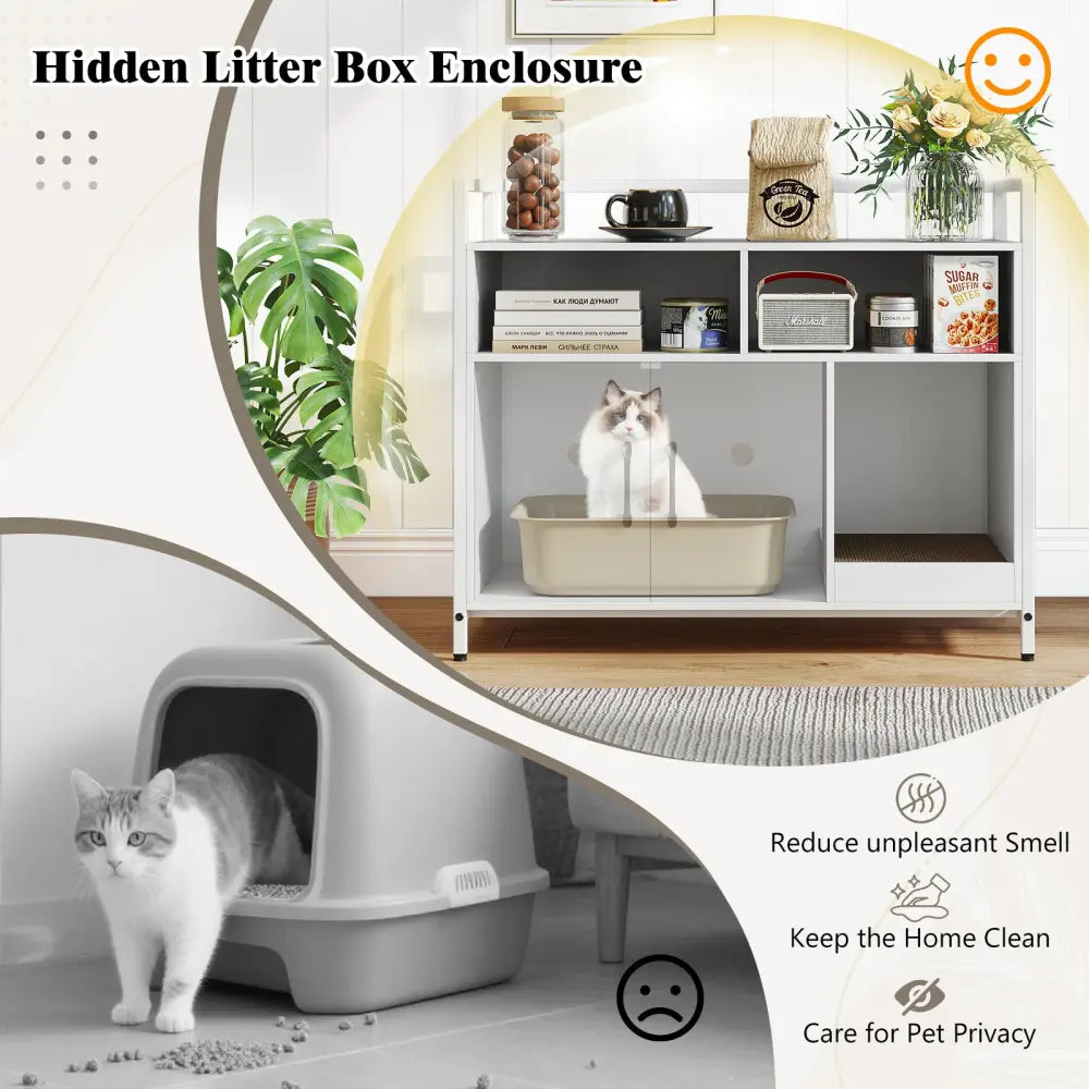 Hidden Cat Washroom with Double Doors and Scratch Cardboard-Off White - Off White - Cat Houses