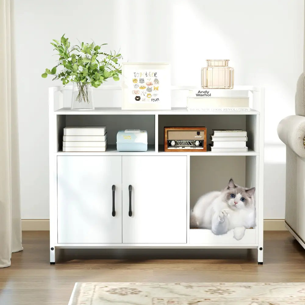 Hidden Cat Washroom with Double Doors and Scratch Cardboard-Off White - Off White - Cat Houses