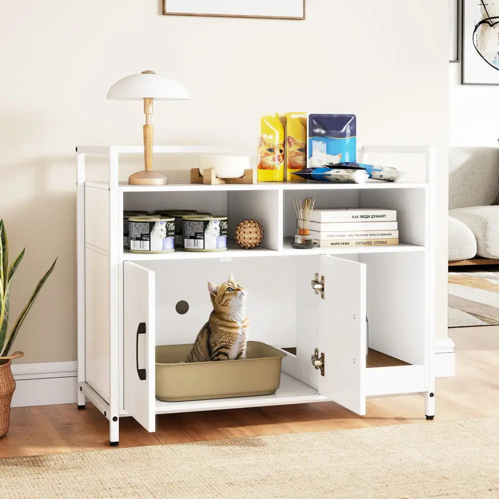 Hidden Cat Washroom with Double Doors and Scratch Cardboard-Off White - Off White - Cat Houses