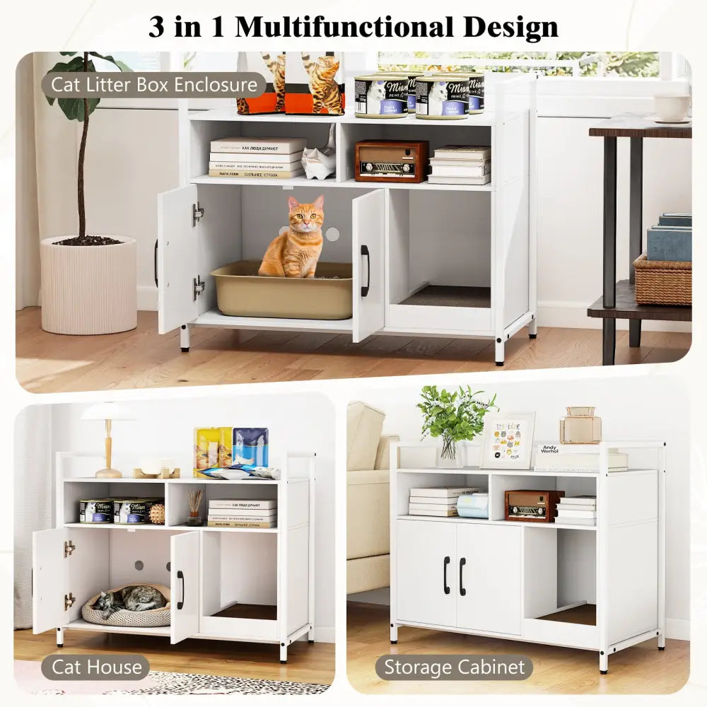 Hidden Cat Washroom with Double Doors and Scratch Cardboard-Off White - Off White - Cat Houses