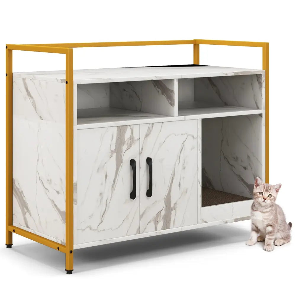 Hidden Cat Washroom with Double Doors and Scratch Cardboard-White - White - Cat Houses