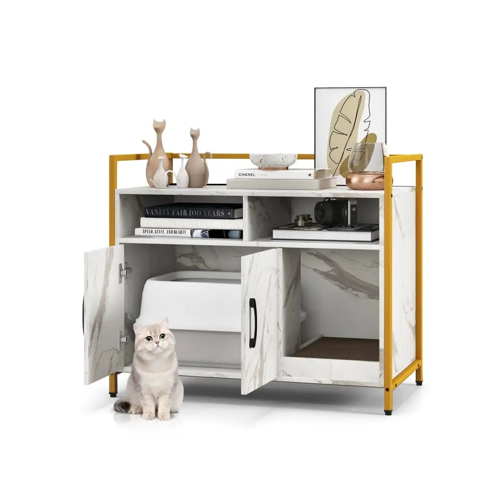 Hidden Cat Washroom with Double Doors and Scratch Cardboard-White - White - Cat Houses