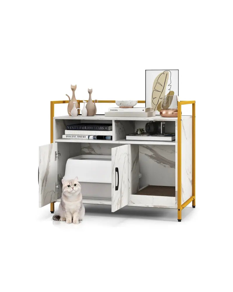 Hidden Cat Washroom with Double Doors and Scratch Cardboard-White - White - Cat Houses