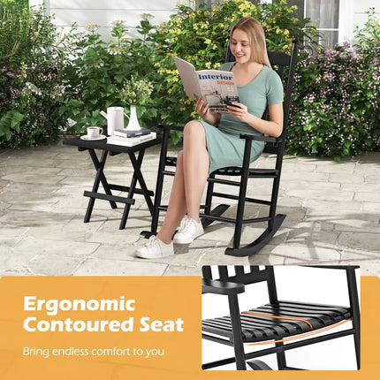 High-Back Acacia Wood Outdoor Rocking Chair with Solid Rocking Base-Black - Black - Patio Rocking Chairs & Gliders