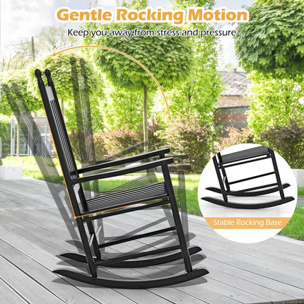 High-Back Acacia Wood Outdoor Rocking Chair with Solid Rocking Base-Black - Black - Patio Rocking Chairs & Gliders