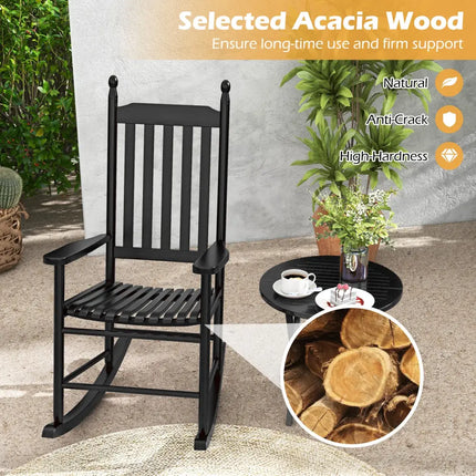 High-Back Acacia Wood Outdoor Rocking Chair with Solid Rocking Base-Black - Black - Patio Rocking Chairs & Gliders