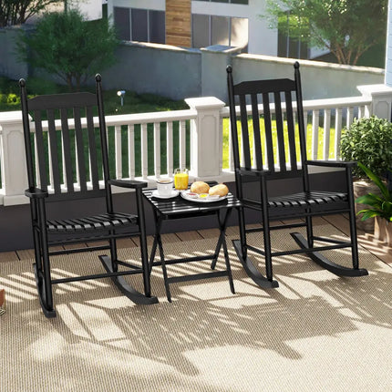 High-Back Acacia Wood Outdoor Rocking Chair with Solid Rocking Base-Black - Black - Patio Rocking Chairs & Gliders