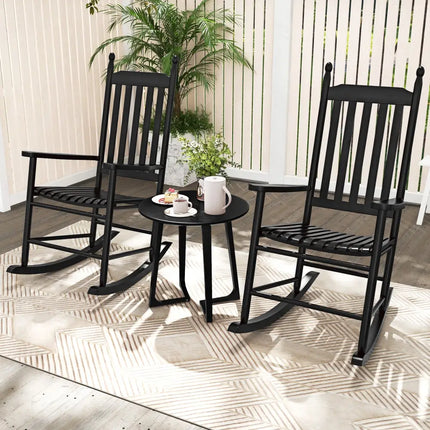 High-Back Acacia Wood Outdoor Rocking Chair with Solid Rocking Base-Black - Black - Patio Rocking Chairs & Gliders