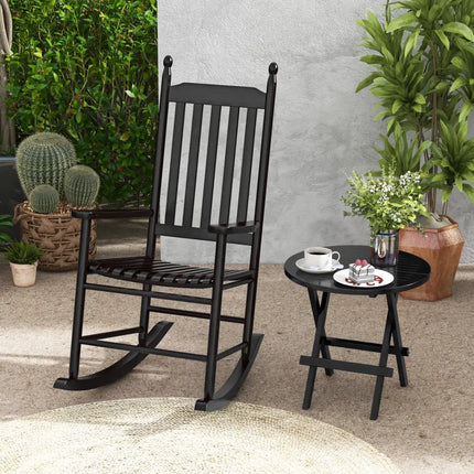 High-Back Acacia Wood Outdoor Rocking Chair with Solid Rocking Base-Black - Black - Patio Rocking Chairs & Gliders