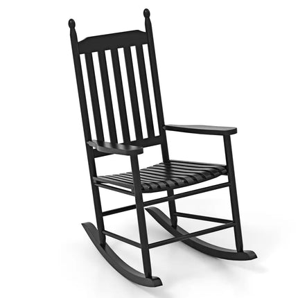 High-Back Acacia Wood Outdoor Rocking Chair with Solid Rocking Base-Black - Black - Patio Rocking Chairs & Gliders
