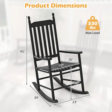 High-Back Acacia Wood Outdoor Rocking Chair with Solid Rocking Base-Black - Black - Patio Rocking Chairs & Gliders