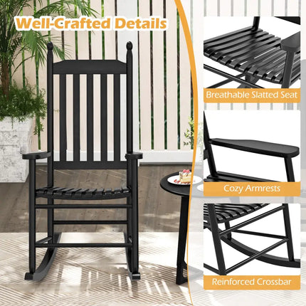 High-Back Acacia Wood Outdoor Rocking Chair with Solid Rocking Base-Black - Black - Patio Rocking Chairs & Gliders