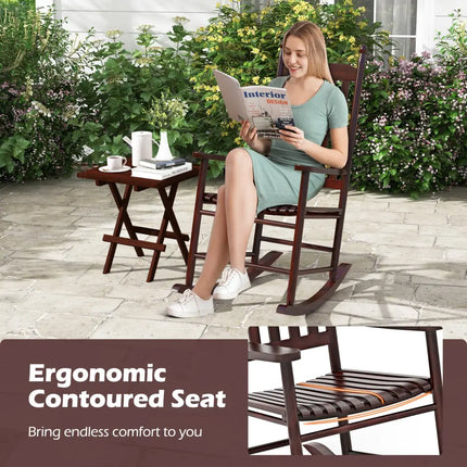 High-Back Acacia Wood Outdoor Rocking Chair with Solid Rocking Base-Brown - Brown - Patio Rocking Chairs & Gliders