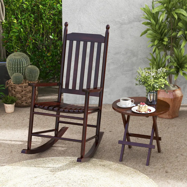 High-Back Acacia Wood Outdoor Rocking Chair with Solid Rocking Base-Brown - Brown - Patio Rocking Chairs & Gliders
